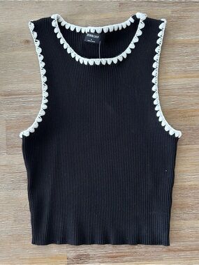 Black Ribbed Tank with White Scallop Trim